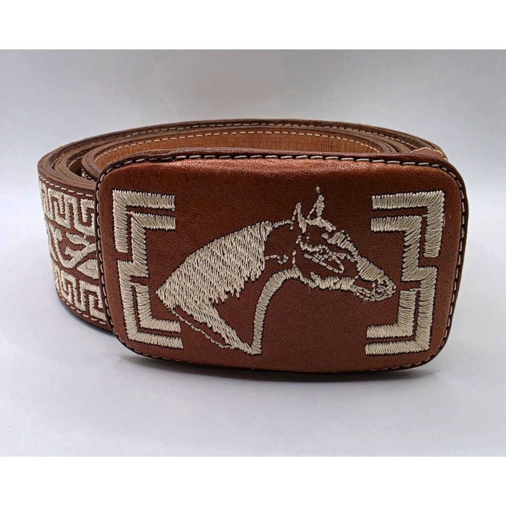 Vintage Mexican Charro Leather Belt Size 38 Horse Embroidered Western Cowboy